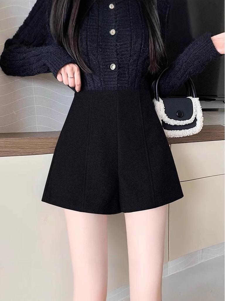 Women's High-Waisted Wide-Leg Tweed Retro Shorts, Gray - Autumn/Winter Casual Slimming Pants