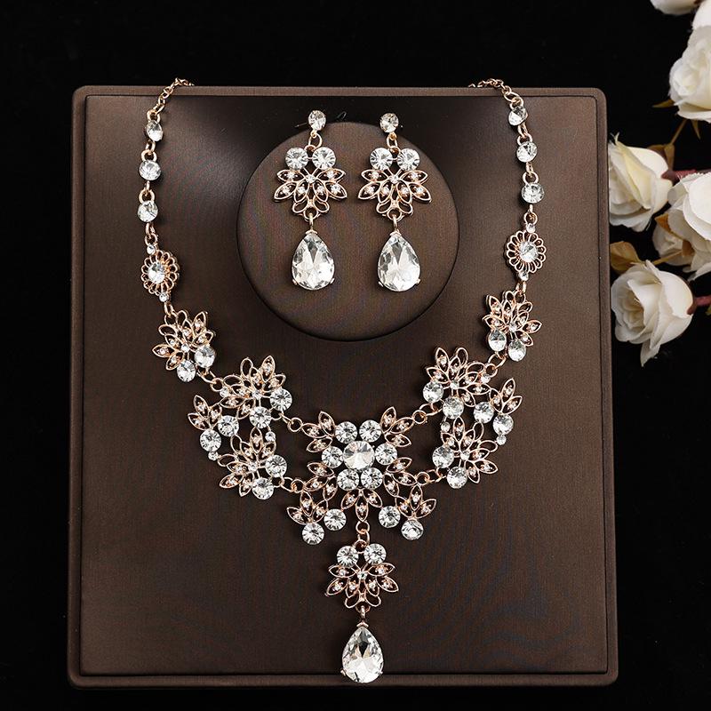 Korean Bridal Necklace & Earrings Set - Rhinestone & Pearl Wedding Accessories