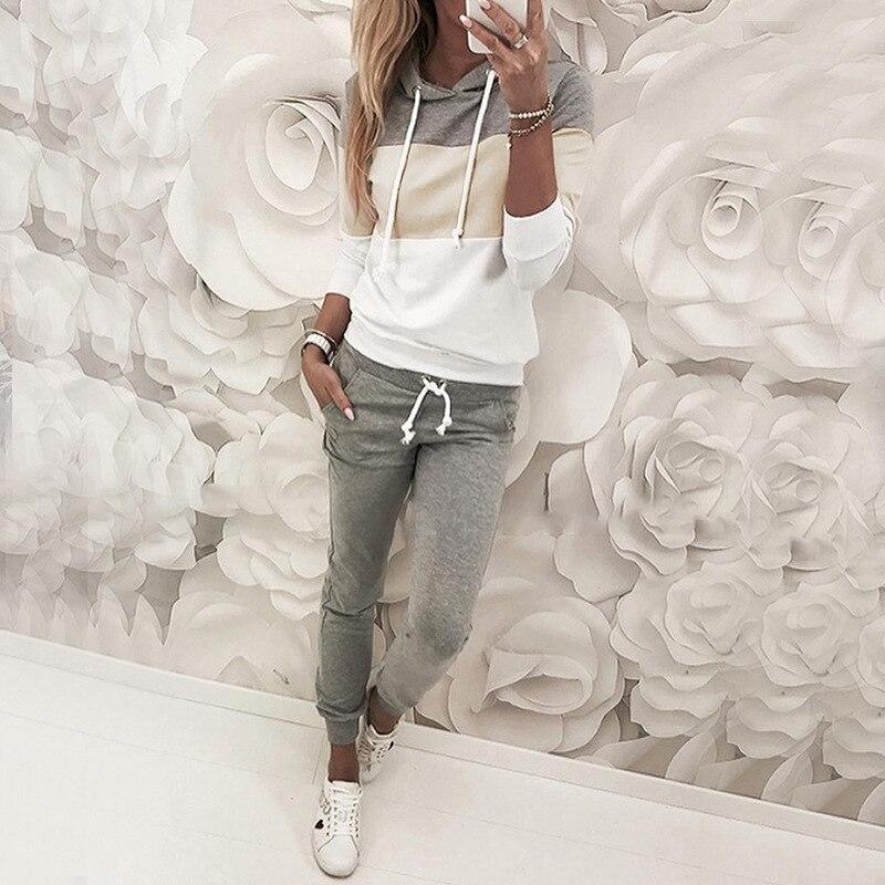 

Осенне-зимний комплект одежды, женский комплект из 2 предметов в стиле пэчворк, цветной топ с капюшоном, свитер + длинные брюки на шнурке, модная новинка S абрикосовый