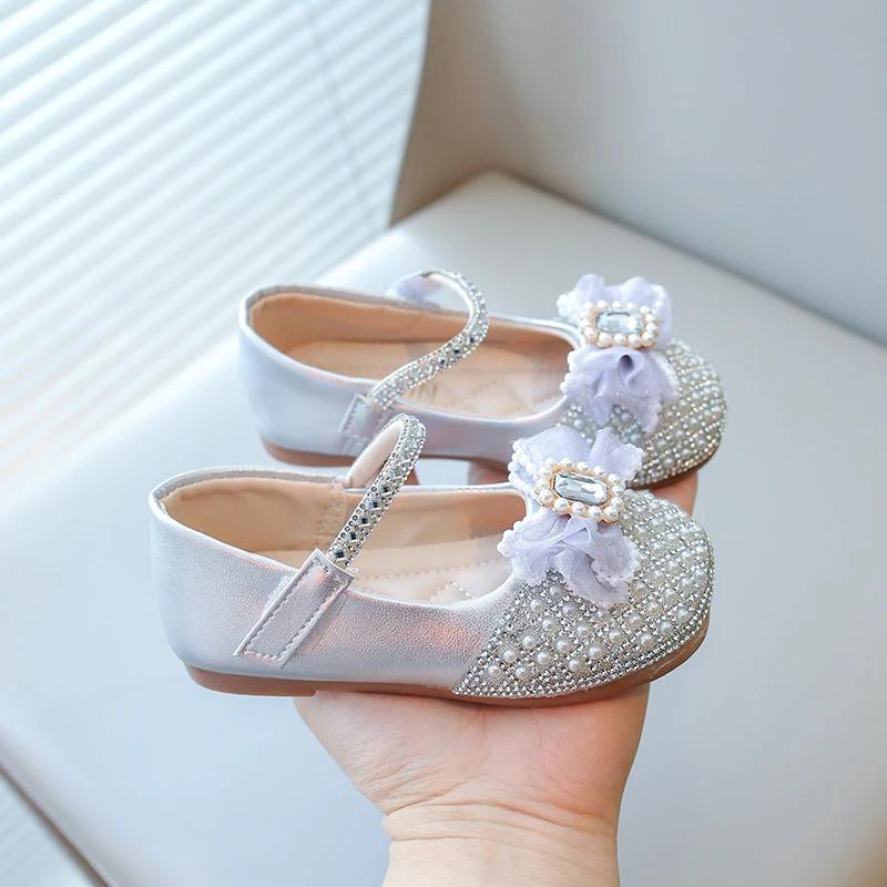 

Little Girls Mary Janes for Wedding Party Shiny Pearls Beading with Big Crystal Glitter Kids Flats Children Fashion Shoes Sweet 24