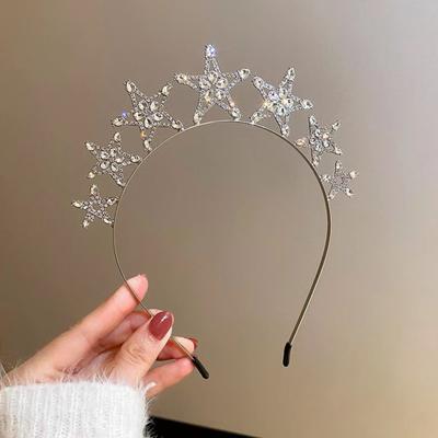 Yousheng Women Headband Star Shape Hollow Out Shiny Rhinestone Solid Color Anti-slip Hair Decoration Elastic Hair Accessories Bridal Headband Gift