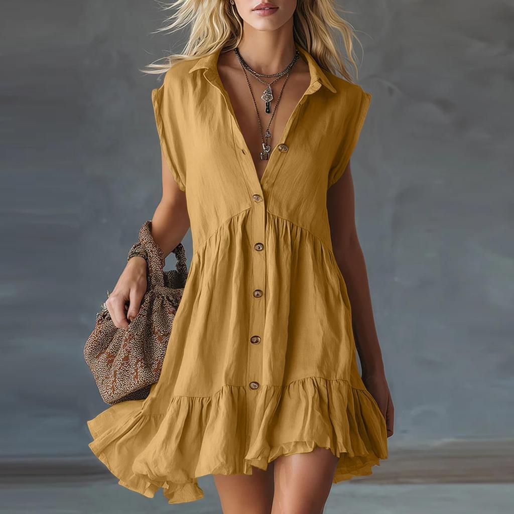 Women Button Down Shirt Dress Ruffle Hem Pocket Cotton Linen Sleeveless Casual Mini Dress for Everyday Wear