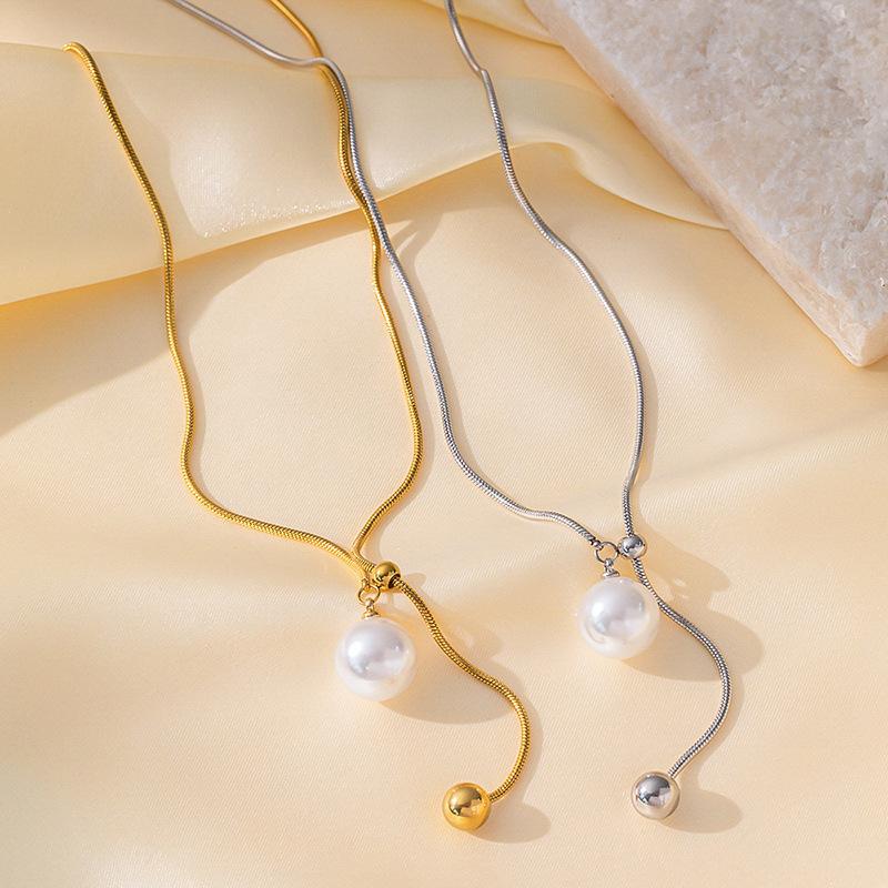 Stainless Steel Knot Lucky Beads Imitation Pearl Necklace for Women Men Simple Ball Pendant Long Chain Temperament Jewelry Gifts