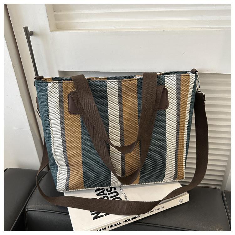 Large Capacity Striped Canvas Tote Bag Autumn Winter 2023 New Street Style Casual Shoulder Crossbody Bag