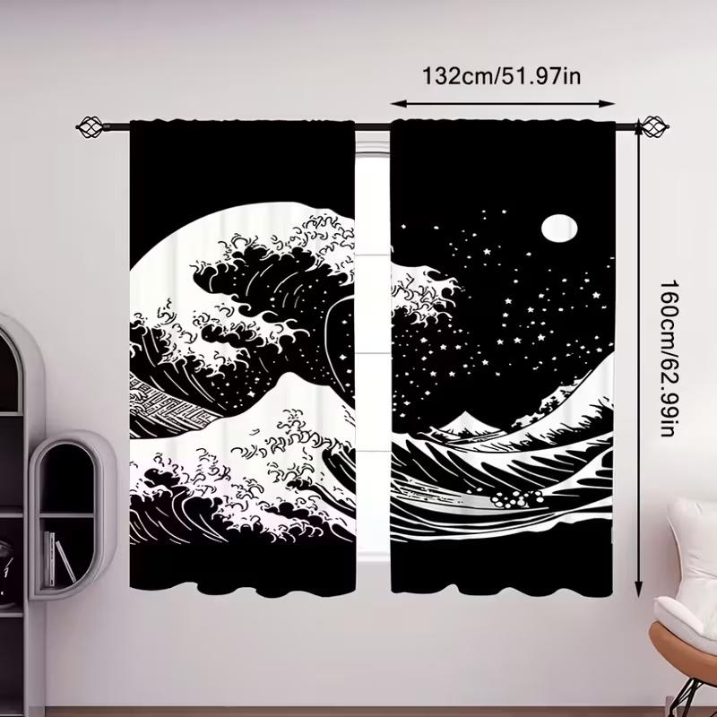 2 Pcs Waves of Kobe Bay Print Curtains,suitable for Bedroom,living Room Kitchen Decoration,home Decoration,window Decoration