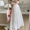 White Lace Splicing High Waist Elastic A- Line Midi Skirt Women's Summer Elegant Wide Hem Semi-Body Skirt