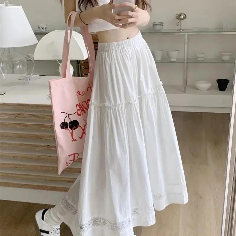 White Lace Splicing High Waist Elastic A- Line Midi Skirt Women's Summer Elegant Wide Hem Semi-Body Skirt