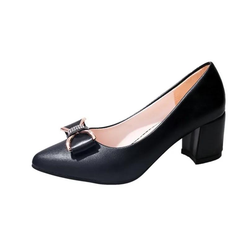Fashion Spring/autumn Women's Shoes Soft Bottom Bow Round Headed Shallow Mouth Mid-high Heels Work Shoes Available in All Seasons