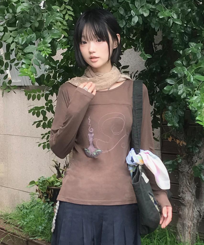 RuNaKi'Hu' Wxt086 Kaori Fingerhole Boat Neck Long Sleeve (Brown)