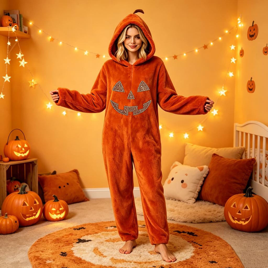 Dames Halloween Print Flanellen Jumpsuit Loungewear Set voor Gezellige Huis Slaapkleding