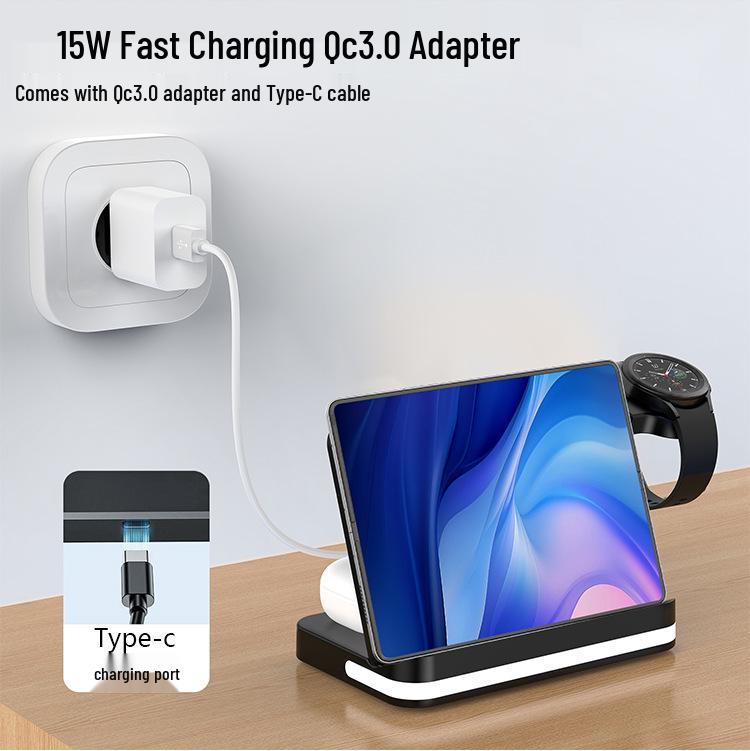 Universal Foldable Wireless Charger for Huawei, Apple, Samsung Phones, Watches, and Earphones - Three-in-One Design