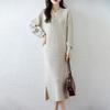 Women's V-Neck Wool Sweater Dress, Loose Fit, Slit Design, Over-the-Knee Length, Large Size, Plain Pullover, Inner Layer Long Skirt