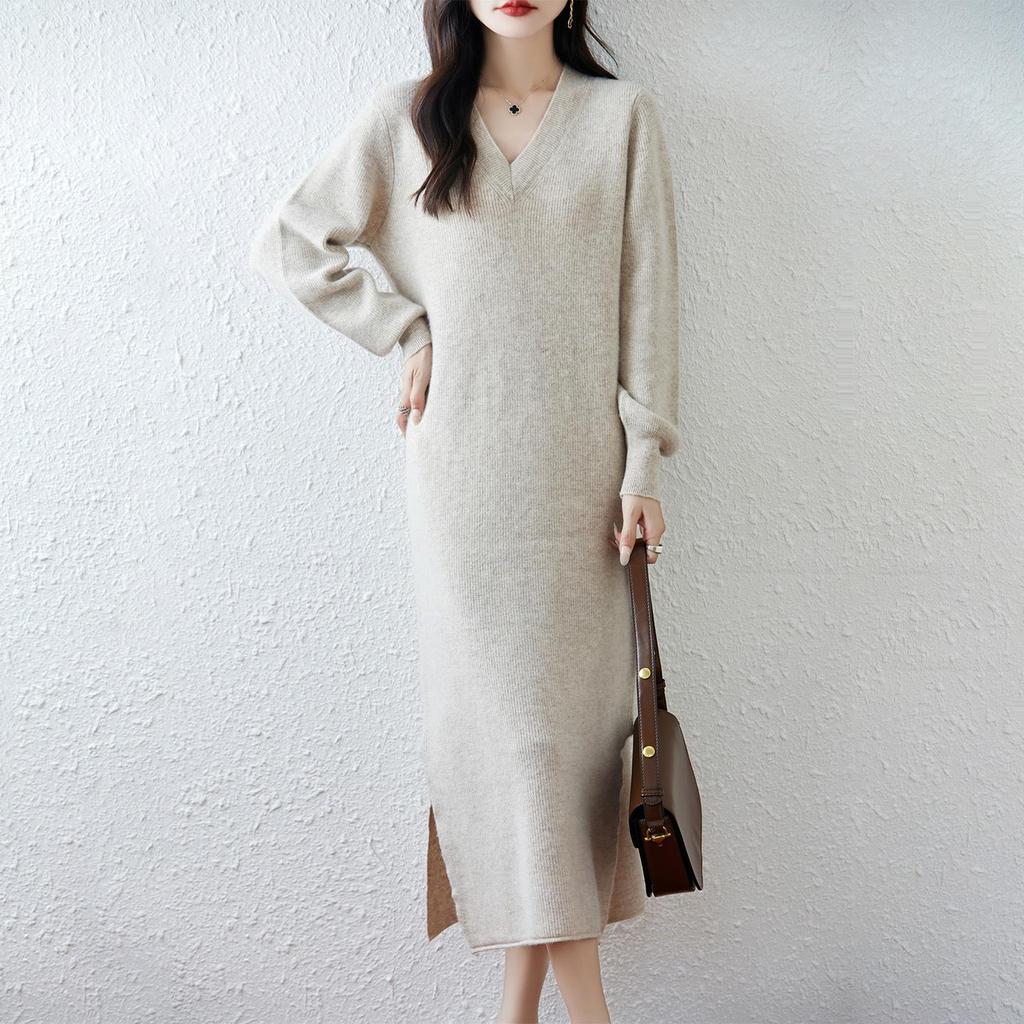 Women's V-Neck Wool Sweater Dress, Loose Fit, Slit Design, Over-the-Knee Length, Large Size, Plain Pullover, Inner Layer Long Skirt