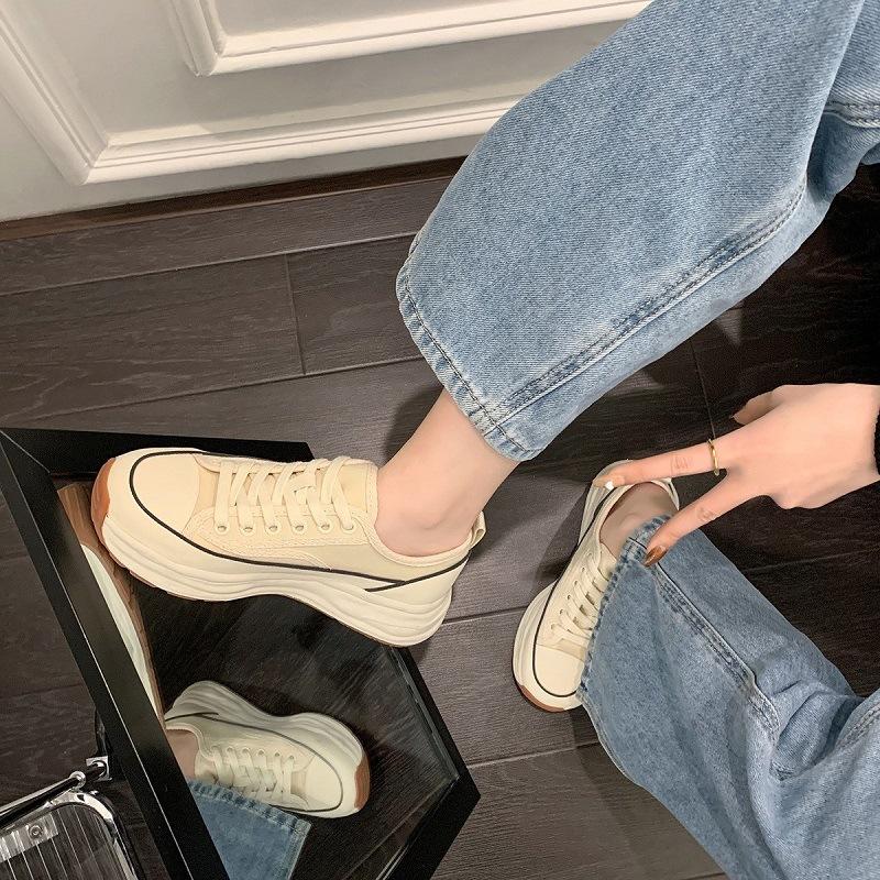Sommer, Canvas-Schnürschuhe mit dicker Sohle, Damen, neue Low-Top-Flachsohlen-Schuhe, weiß