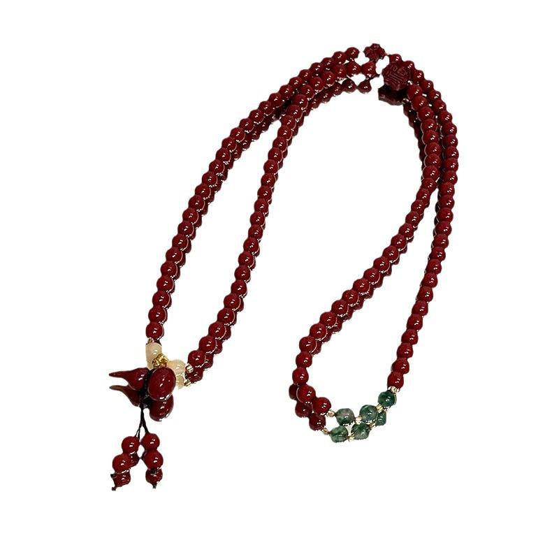 Multi-layered Gourd-shaped Cinnabar Bracelet with the Character "Fu" for Women, Light Luxury Niche Exquisite Beaded Bracelet, Vintage Necklace,