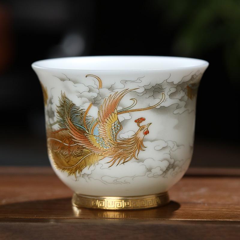 Sheep Fat Jade Porcelain Tea Set High End Personal Master Cups Dragon and Phoenix Pairs Counter Mouthed Cups