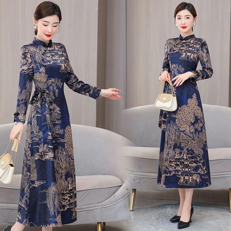 Nové čínské šaty pro plnoštíhlé ženy střední délky s vylepšenou sukní Cheongsam zakrývající bříško