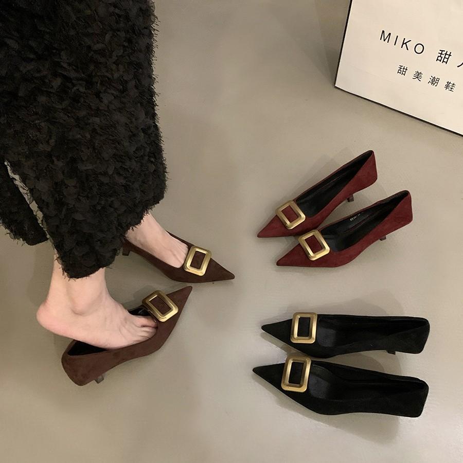 2025 autumn new pointed thin heel high heel single shoes women's shallow mouth metal decorative cat heel women's shoes one pedal