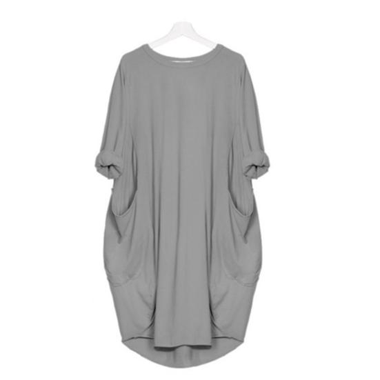 Women Casual Solid Color O Neck Long Sleeve Pockets Knee-length Baggy Dress