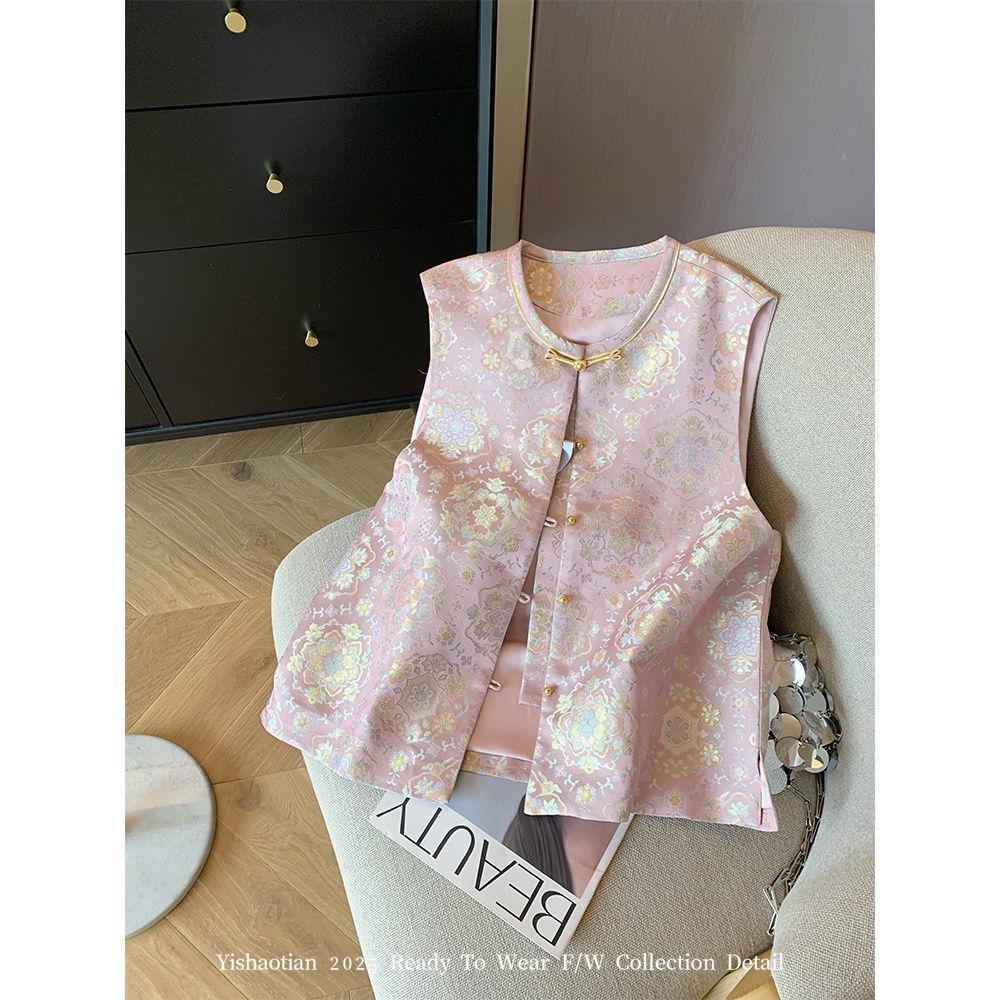 

2025 ранняя весна жилет с пряжкой из жаккарда с вышивкой из атласа, топ без рукавов, жилет для женщин 3XL (recommended 138-75kg)