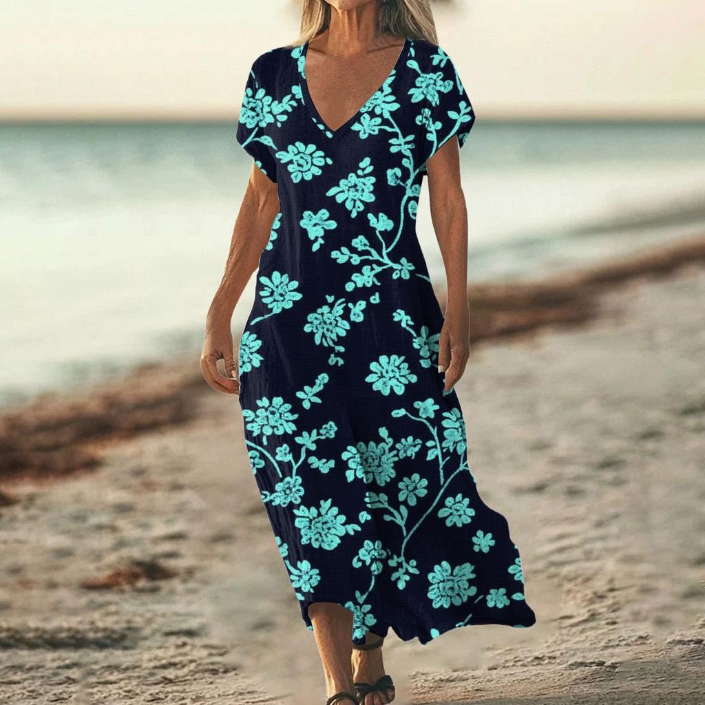 Fashion Women's Summer V-Neck Short Sleeve Floral Print Beach Dress