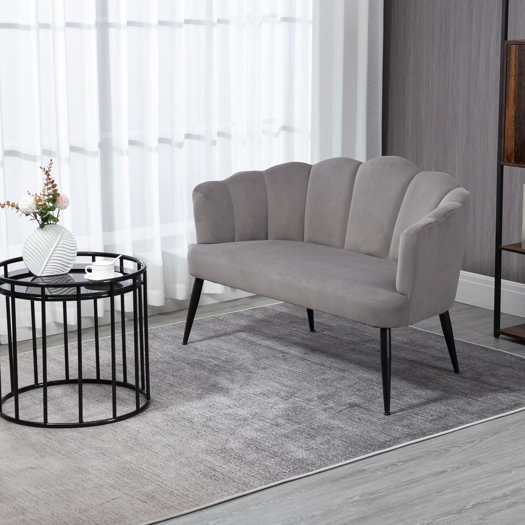 2-Seater Sofa in Velvet with Metal Legs and Shell-Shaped Backrest, 132x66x80cm, Grey