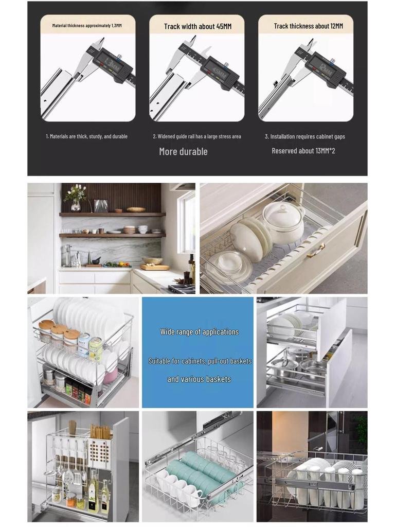Adjustable Kitchen Drawer Slide: Three-Section Pull-Out Basket Rail for Cabinets