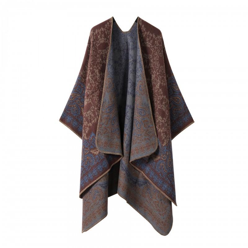 Womens Open-Slit Cape Shawl With Fringe Trim Double-Sided Knit Wrap In Vintage Style Travel Warmth
