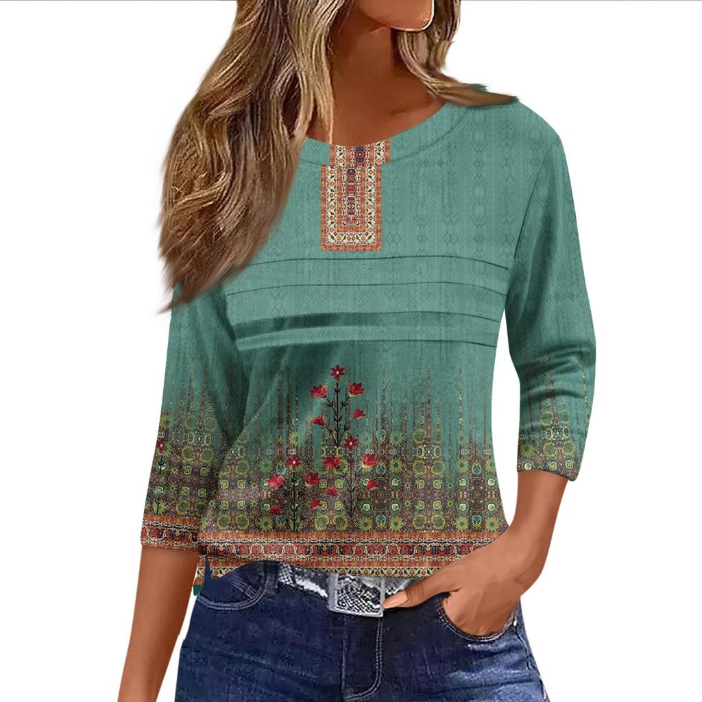 Loose Casual 34 Womens Fashion Sleeve Striped Printed Round Neck Top