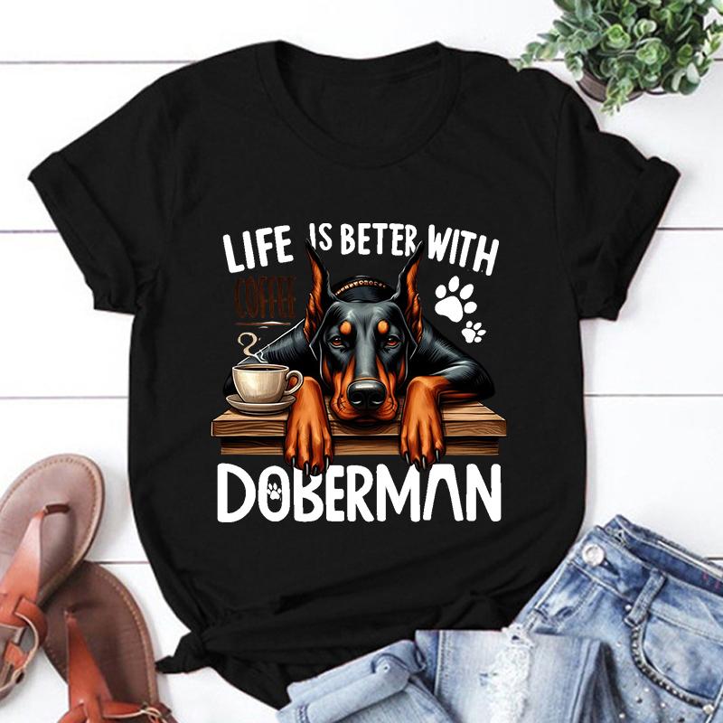 Hot Life Is Better With Coffee Doberman Graphic Short Sleeve T-Shirts For Men Women Shirts Loose T-Shirt Casual Summer T-Shirts