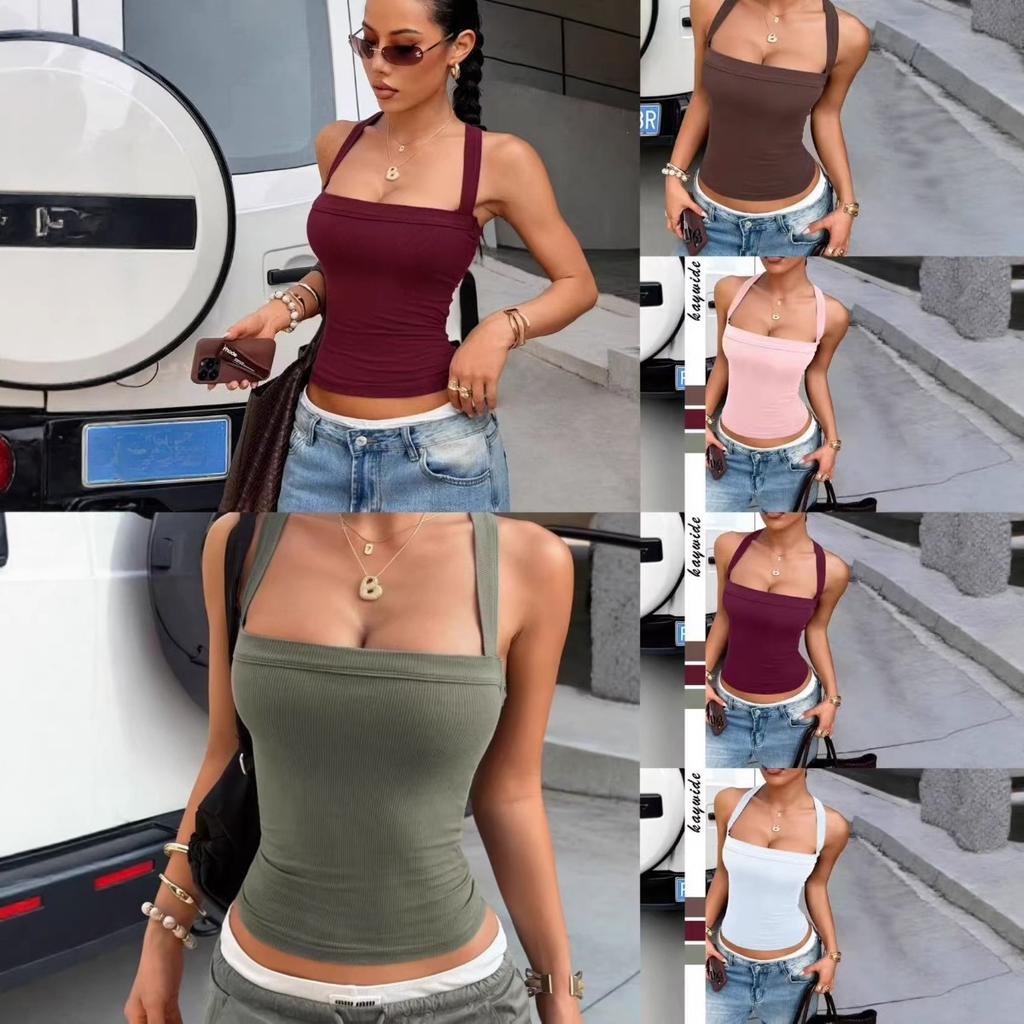 Women's Square Neck Sleeveless Ribbed Crop Top Slim Fit Sexy Y2K Camisole Tank Top Solid Color Summer Halter Tube Top