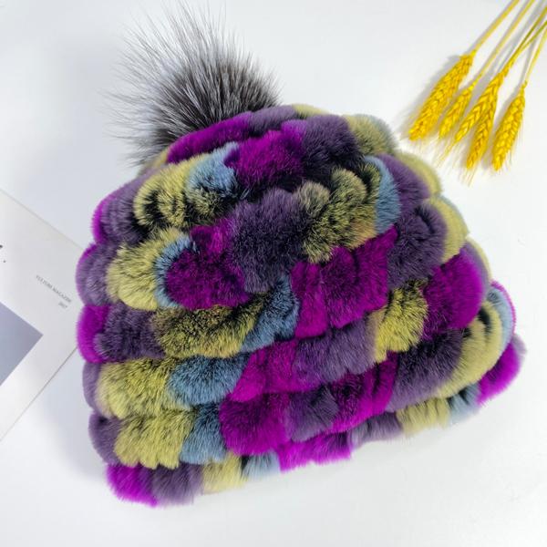 Heißer Kaninchen Fell Pompon Hüte Frauen Winter Flauschigen Warme Gestrickte Elastische Mützen Fuchs Echtpelz Stricken Hut Weiche Elastische Gestreiften Skullies