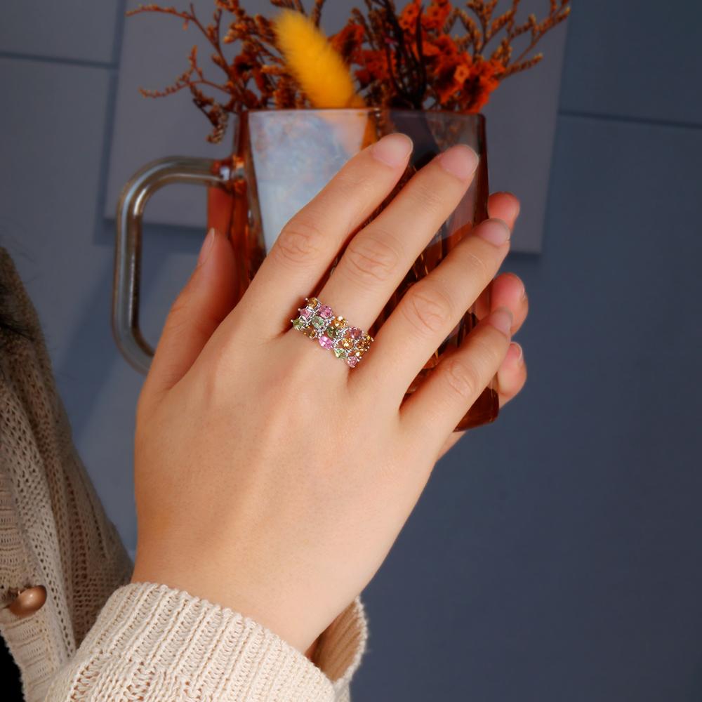 Anillo de turmalina multicolor natural de lujo S925 plata ligera tendencia de lujo mujeres compromiso, banquete y aniversario regalo
