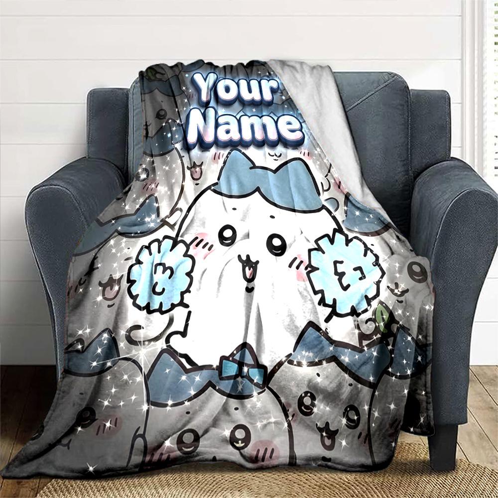 1pc Chiikawa Blanket with Custom Name, Gift, for Men and Women, Soft Blanket, Good for Sofa Bed Couch Travel, Lightweight Flannel Blanket