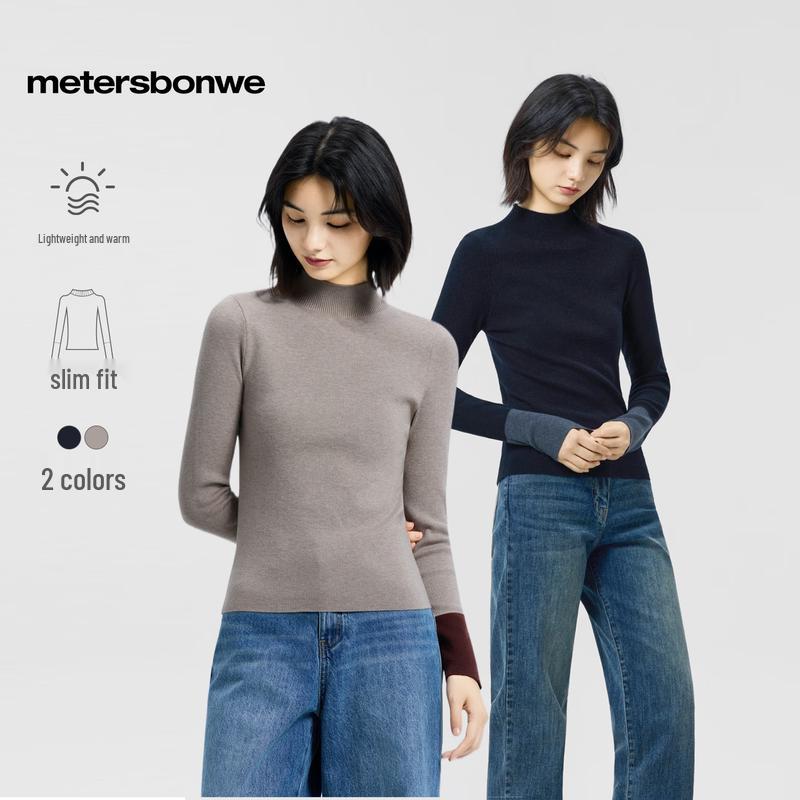 

Metersbonwe Women s Ribbed Color-Block Half-High Neck Sweater M 160/84A