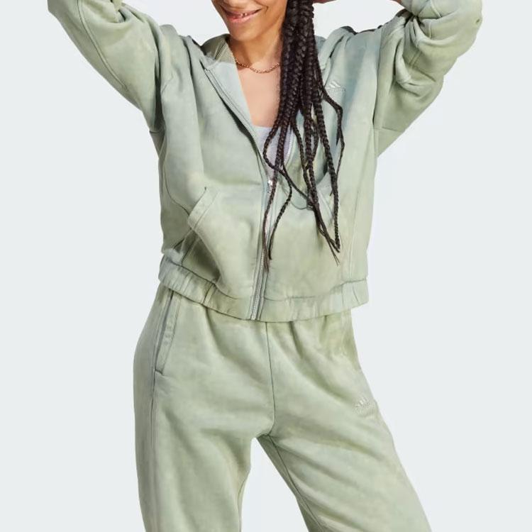 Adidas All Season Fleece Washed Full-Zip Hooded Track Top Women Tops Green IL3273