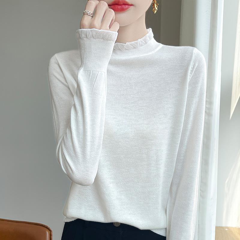 Women's Simple Ruffled Half-High Neck Thin Knitted Wool Sweater Lace Elegant Solid Color Comfortable Frilled Base Layer
