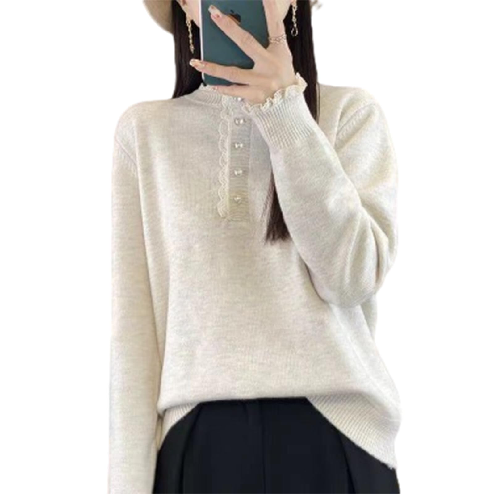 

Knit Long Sleeve Pullover Top with Lace and Pearl Solid Plus Sizes for Everyday Winter [JLBOCMGT] Women s Sweater, Patterns, Color, Available, абрикосовий