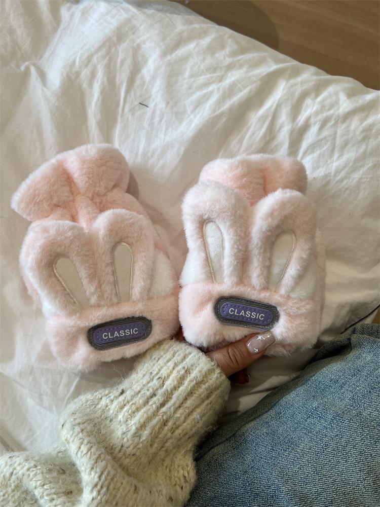 New warm and cold-proof cute rabbit flip open finger gloves female cartoon cute plush sleeves