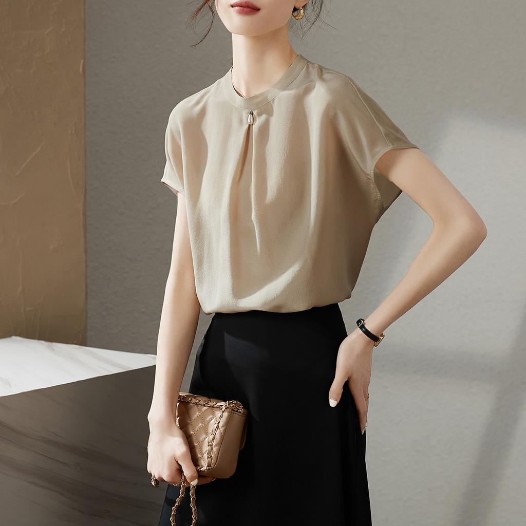 100% Mulberry Silk French Style Short Sleeved Shirt for Women In Summer 2026, Stylish and Versatile Silk Top