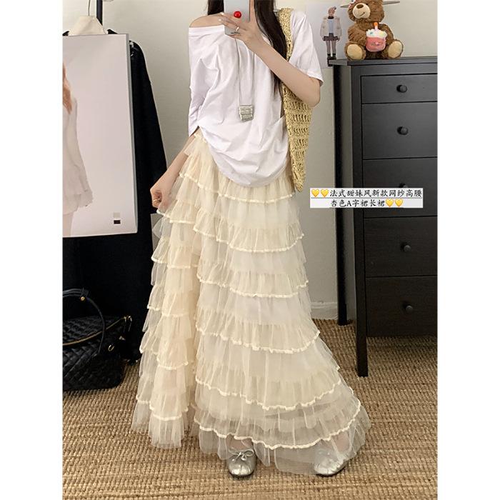 

[Original practice] Apricot mesh yarn long cake skirt feminine multi-layer pleated puff skirt skirt skirt XL абрикосовий