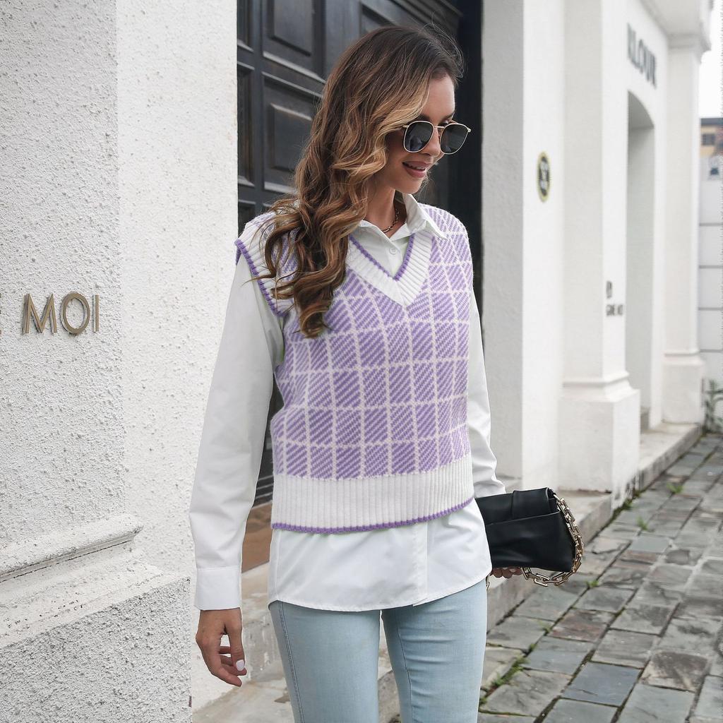 GMXIA Dámská móda Ležérní kostkovaný potisk Podzim Zima Pletené vesty bez rukávů s výstřihem do V