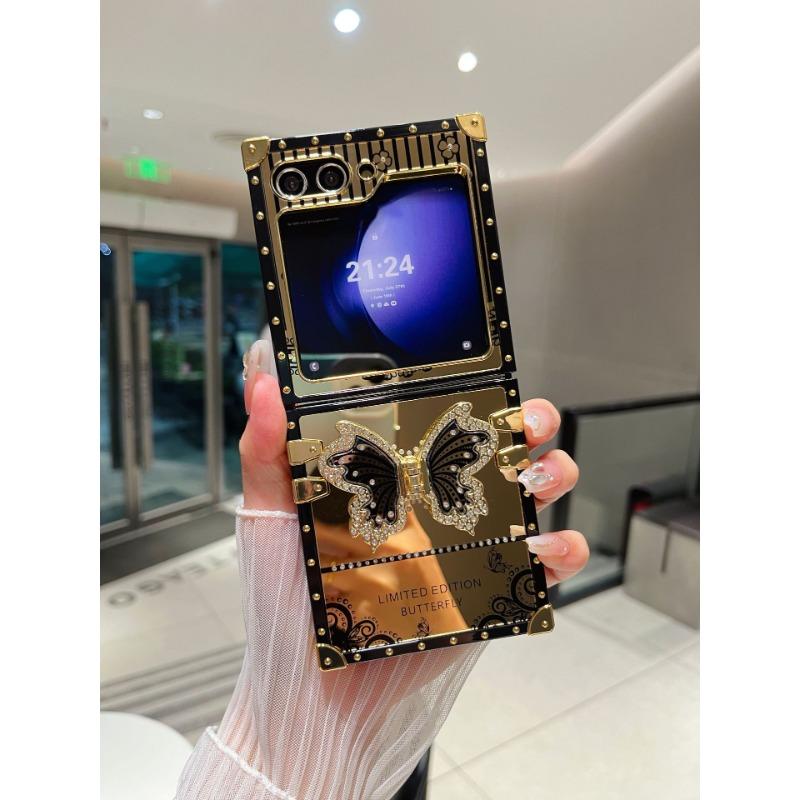 Samsung Z Flip6 Vouwscherm Mobiele Telefoon Hoesje Geschikt voor ZFlip3 4 5 Spiegel Vlinder Diamant Inleg Beugel Beschermhoes