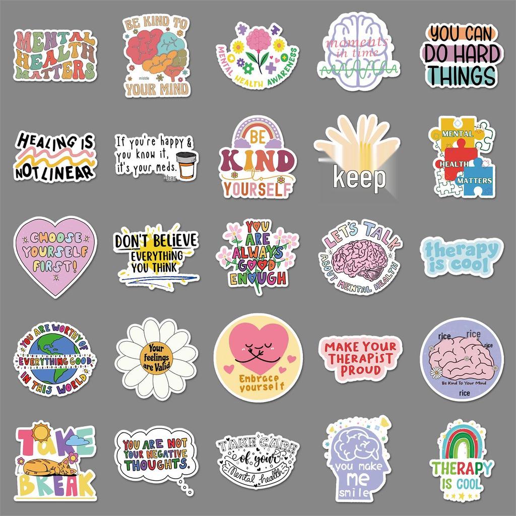50 Mental Health Doodle Stickers - Inspirational English Slogans for Personalizing Laptops, Phones, and Cases