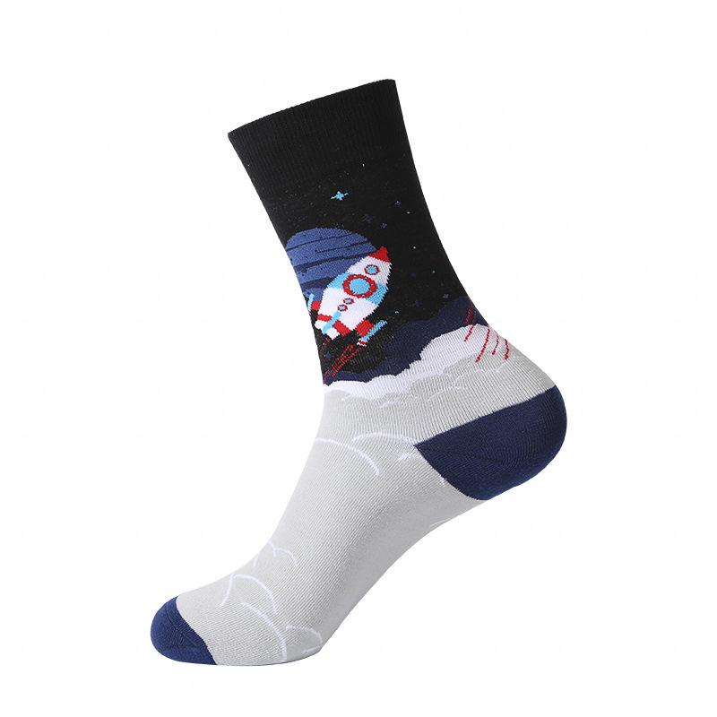 1Pair Funny Ins Astronaut Airplane Heavenly Body Middle Tube Men Happy Socks Streetwear Cotton Male Skateboard Boys Adult Sox