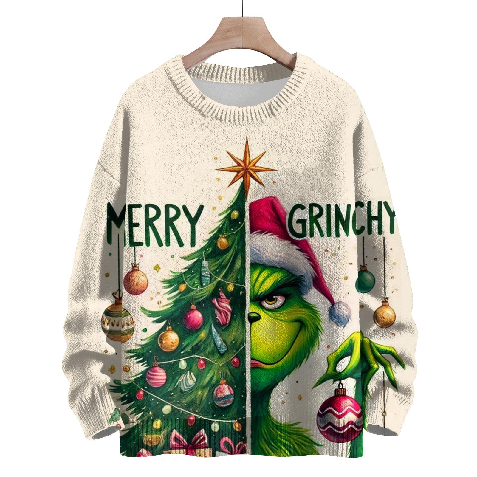 Ladies Fashionable Casual Long Sleeved Christmas Cute Printed Round Neck Knitted Yarn XXXL бежевый