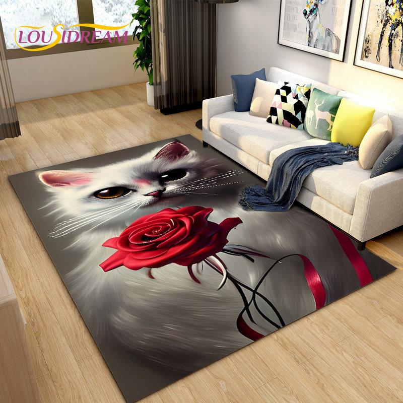 3D Cartoon Cute Cat Area Rug,Carpet Rug for Home Living Room Children's Bedroom Sofa Doormat Decor,Kitchen Non-slip Floor Mat