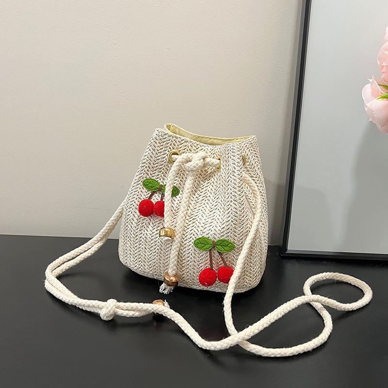 2026 Summer New Style Straw Woven Bucket Bag For Women Fashion Small Crossbody Shoulder Bag With Cherry Sunflower Decor