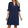 Casual Dresses - Summer Solid Color V-neck Loose Pleated Mid-sleeve Dress Women, Cross-border Casual Dress