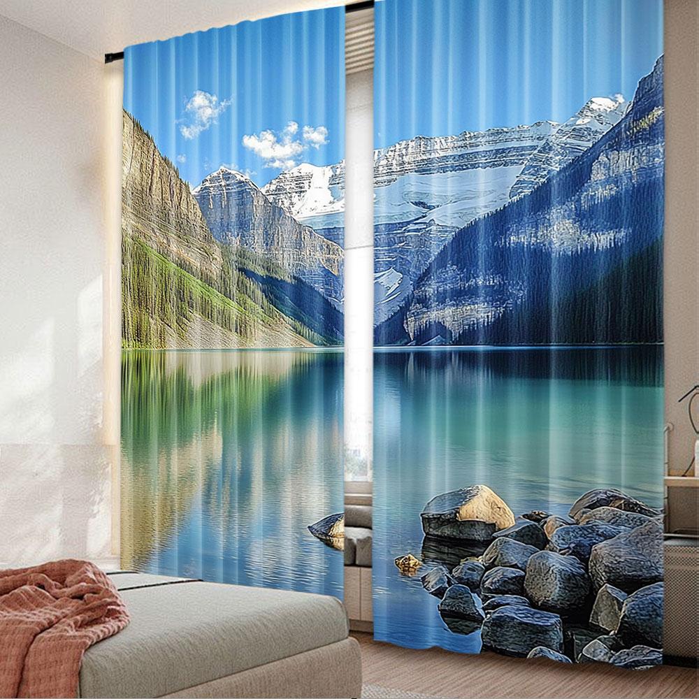 2Pcs Landscape Curtain Lake Louise Banff National Park Canada Lakeside Rocks Clear Water Scenic For Living Room Bedroom Kitchen
